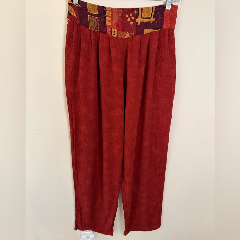 Southwest Indian Foundation red gauzy Aztec patterned pants elastic waist SZ LG